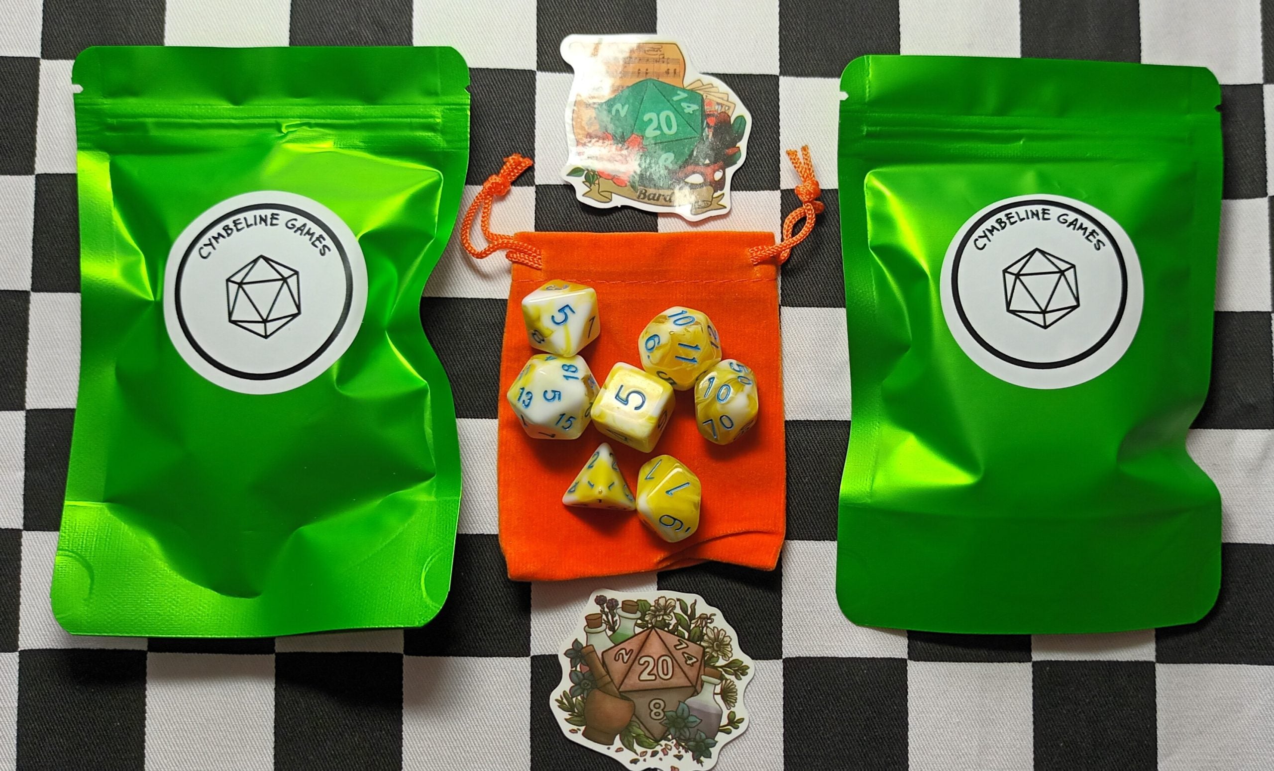 Original Mystery Dice Bag - 7 x Polyhedral Dice, RPG Stickers and Dice Bag