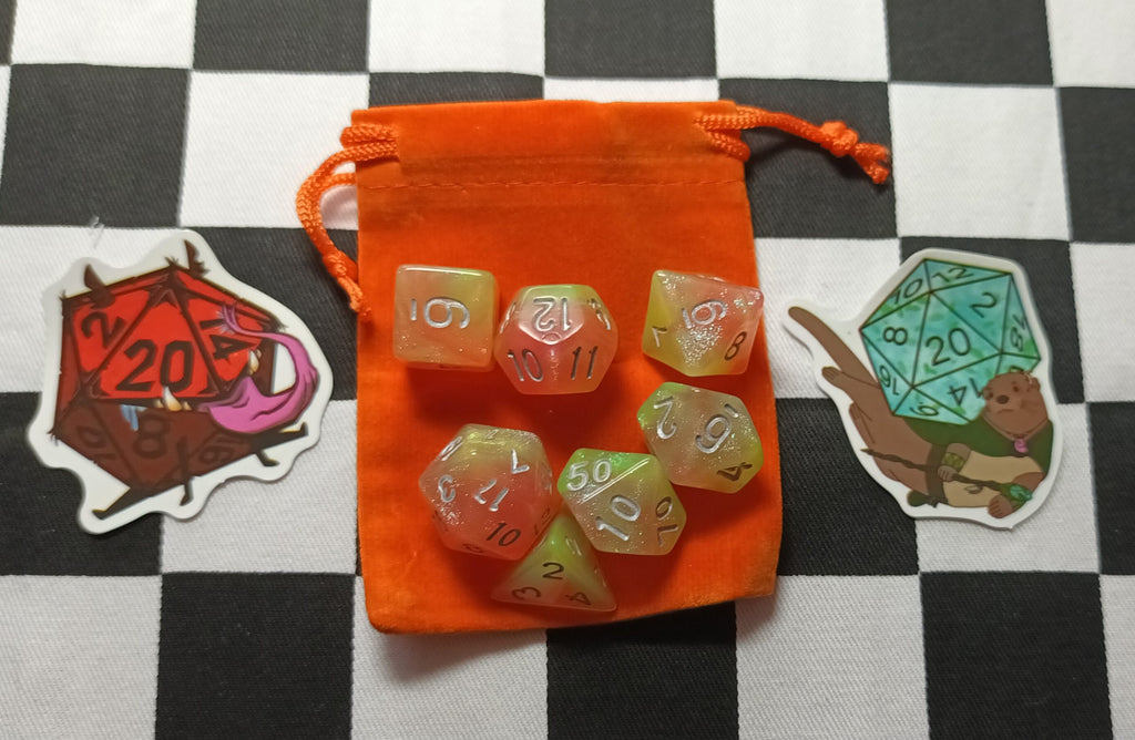 Original Mystery Dice Bag - 7 x Polyhedral Dice, RPG Stickers and Dice Bag
