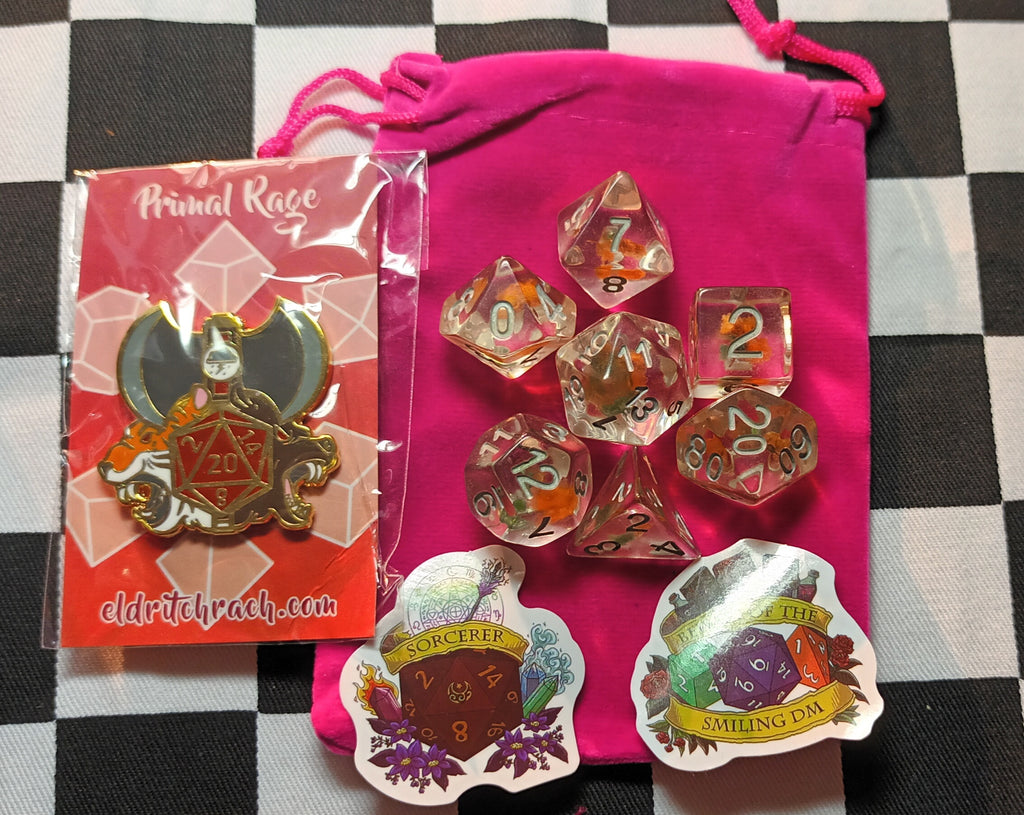 Wizard Mystery Dice Bag - 7 x Polyhedral Dice, RPG Themed Badge, RPG Stickers and Dice Bag