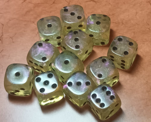 12 x 16mm D6 Clear Shimmer with Blue Green UK Made Dice