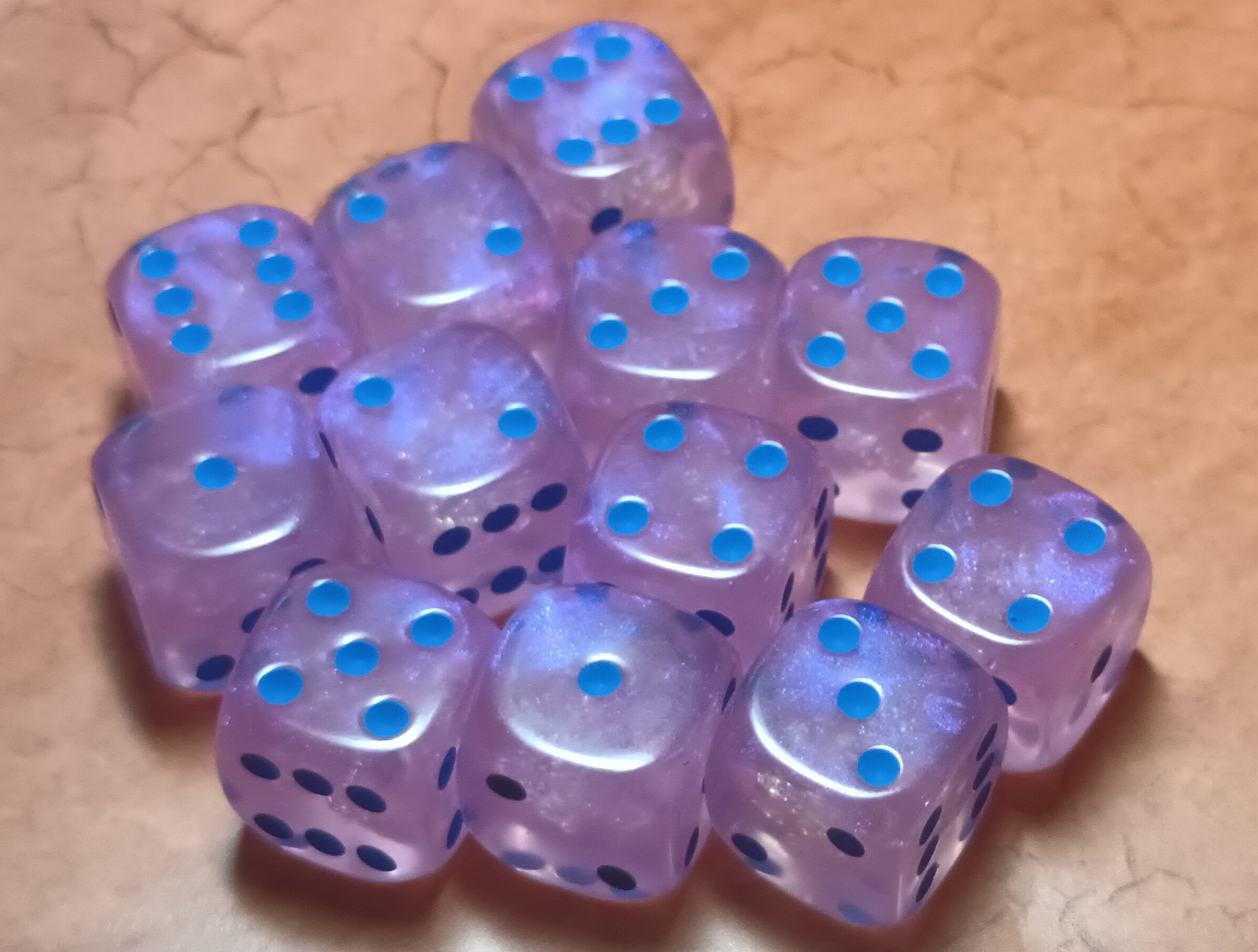 12 x 16mm D6 Salmon Pink Shimmer with White UK Made Dice