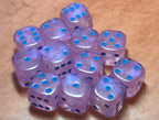 12 x 16mm D6 Grey Silver Glitter with Purple UK Made Dice