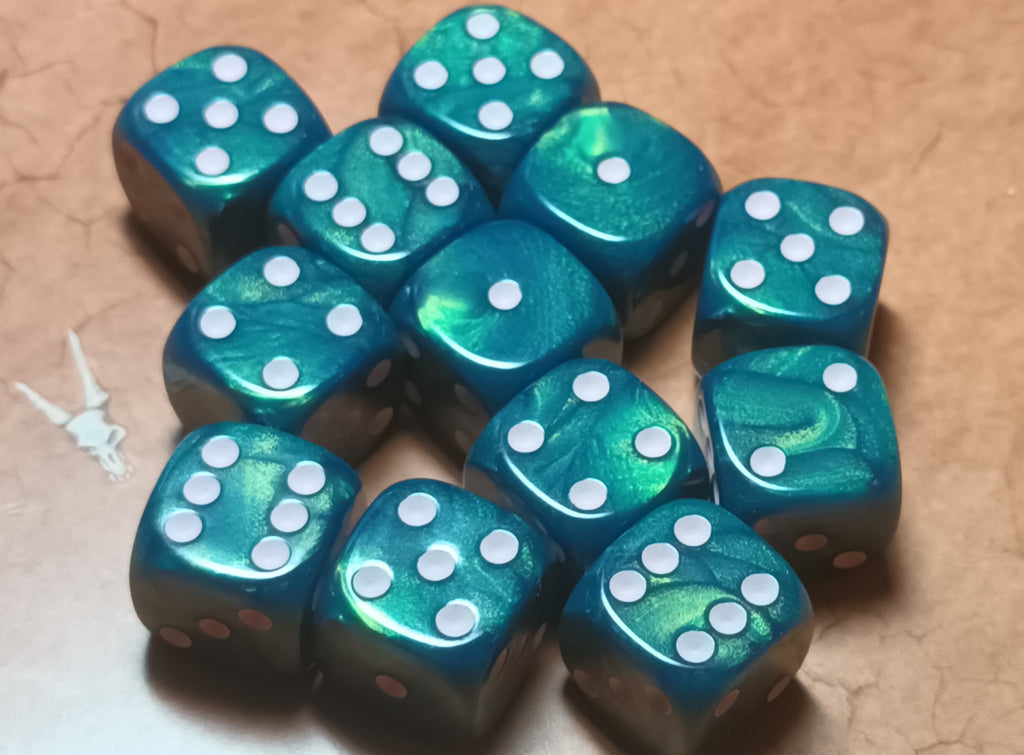 12 x 16mm D6 Clear Blue Shimmer with Black UK Made Dice