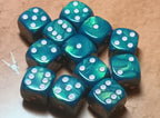 12 x 16mm D6 Bright Green Opaque with Red UK Made Dice