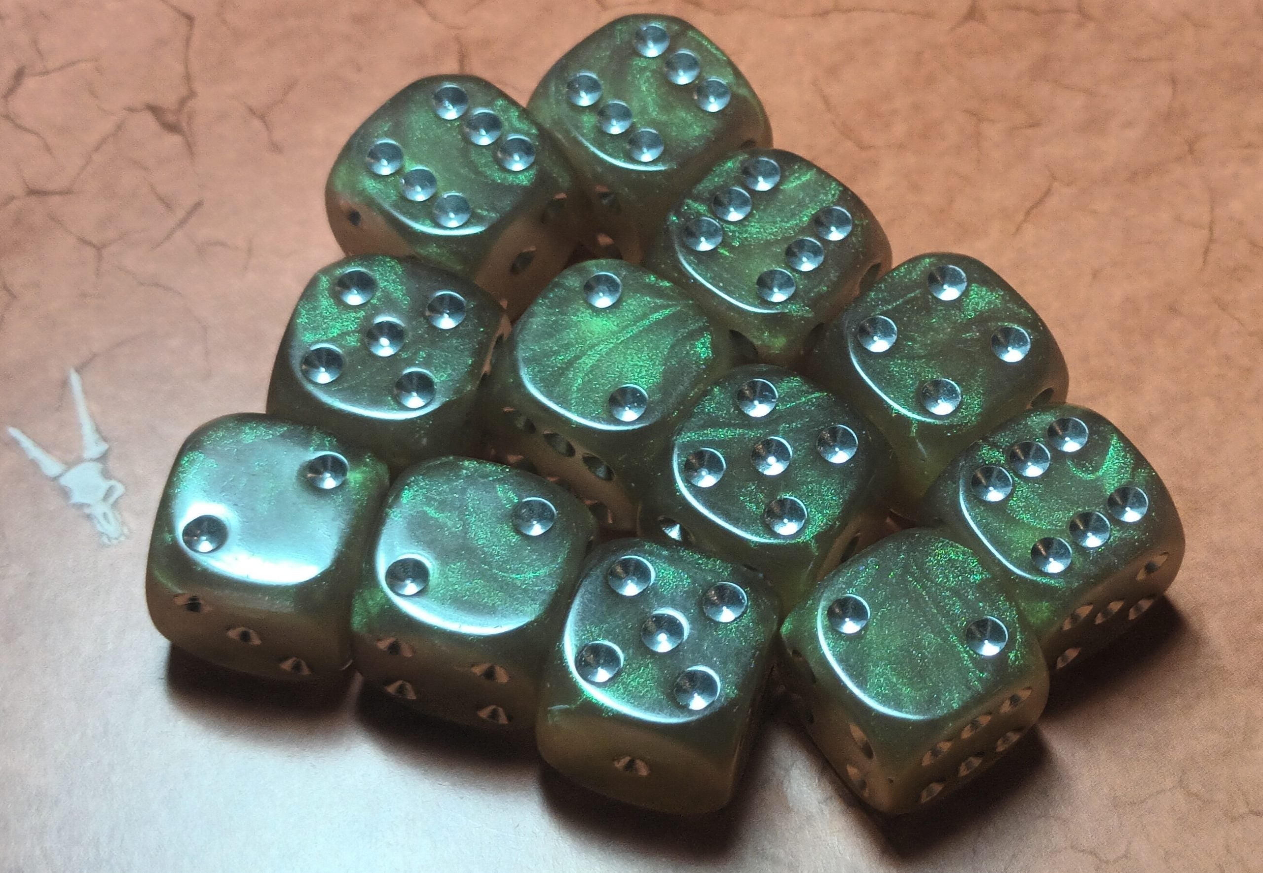 12 x 16mm D6 Green Bronze Shimmer with Silver UK Made Dice