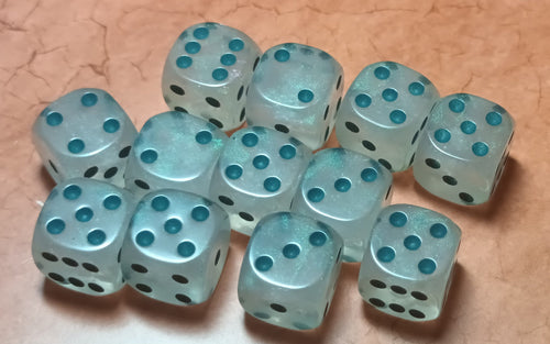 12 x 16mm D6 Clear Shimmer with Blue Green UK Made Dice