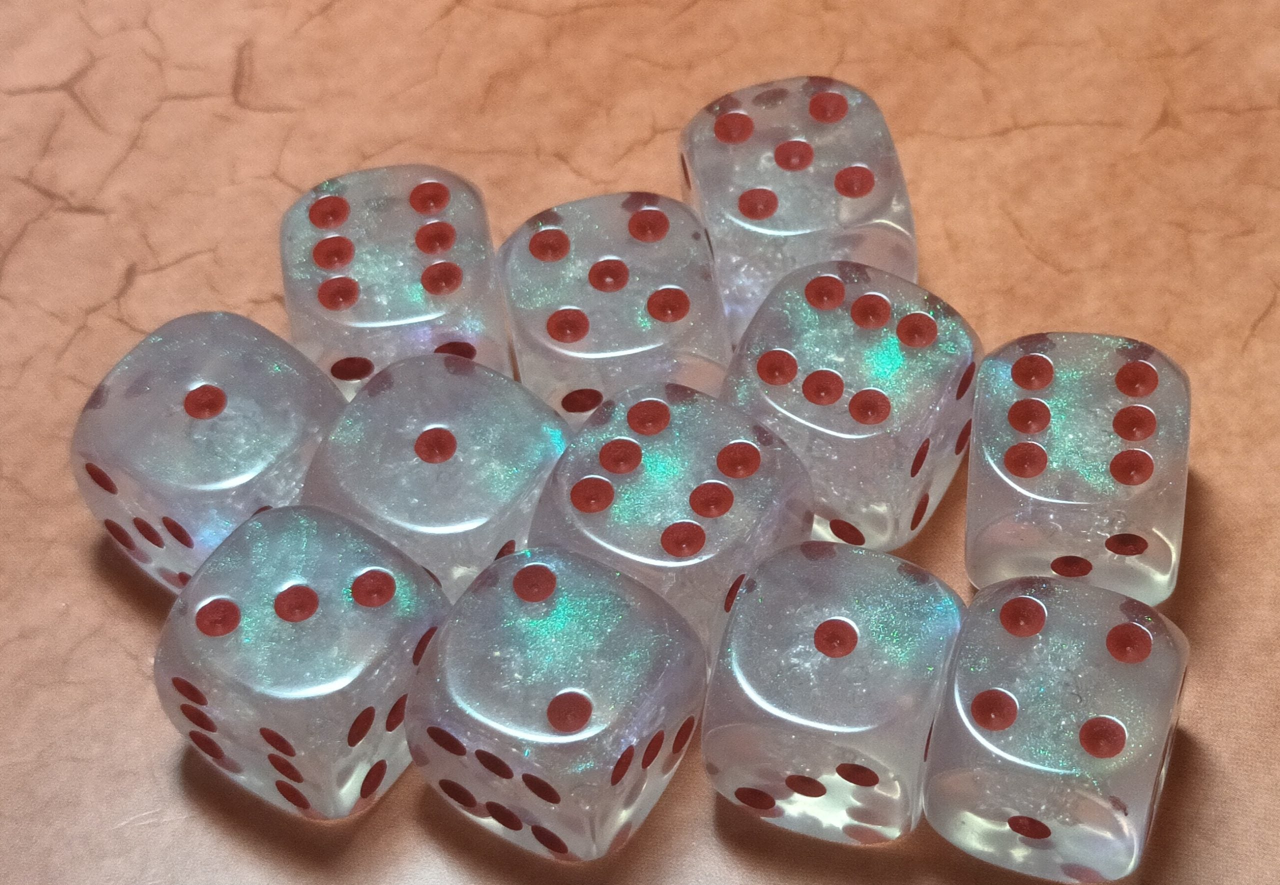 12 x 16mm D6 Clear Shimmer with Black UK Made Dice