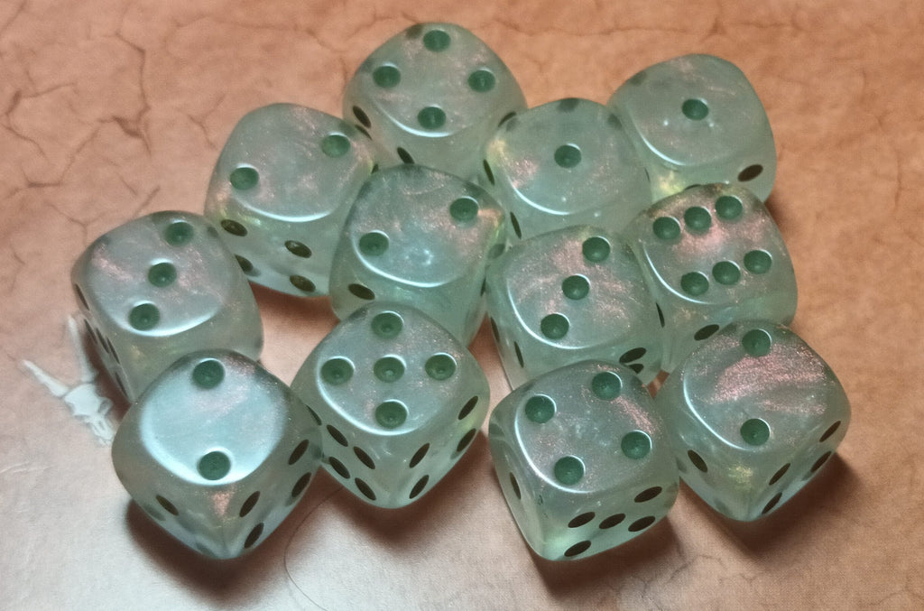 12 x 16mm D6 Clear Shimmer with Black UK Made Dice