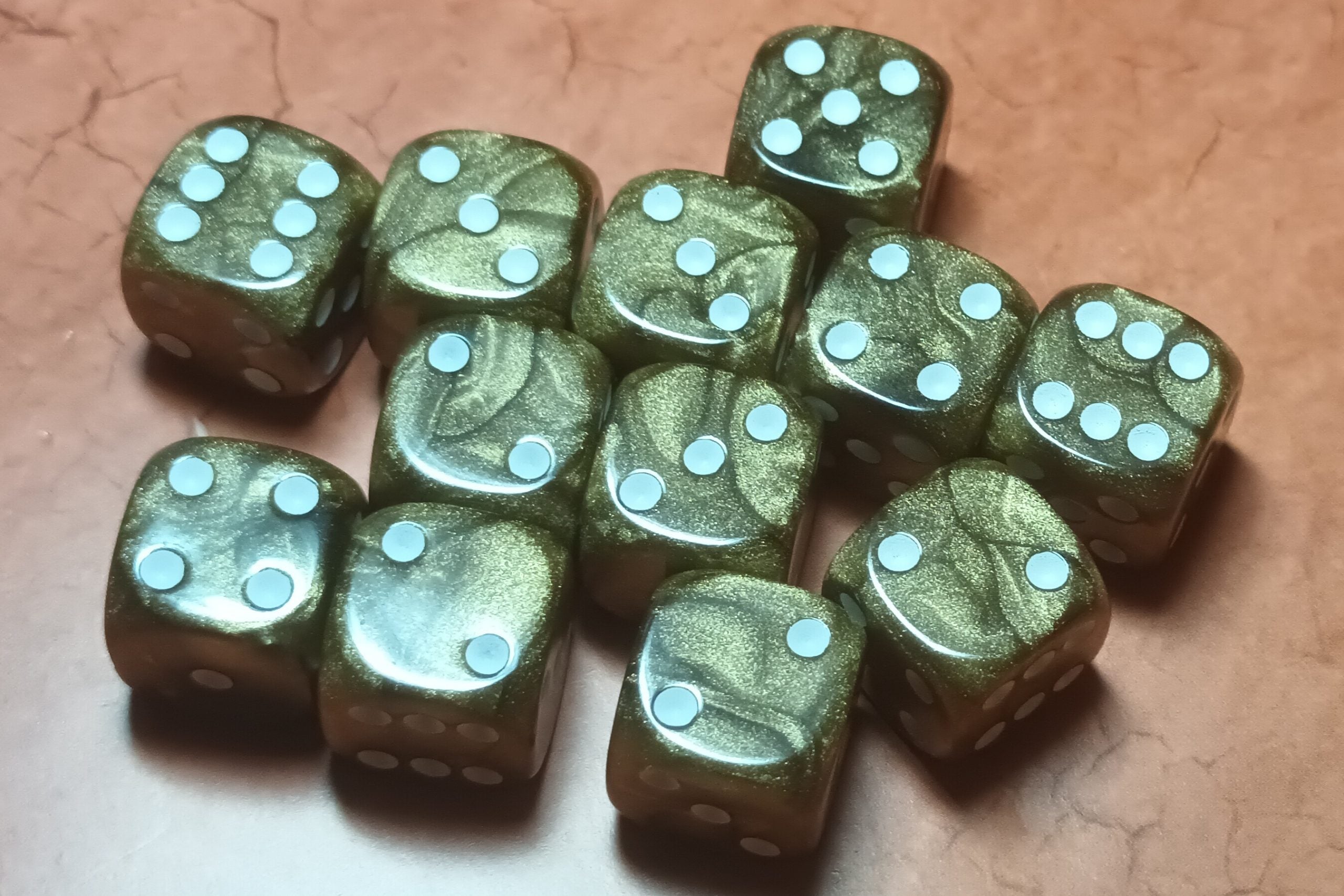 12 x 16mm D6 Bronze Pearl with White UK Made Dice