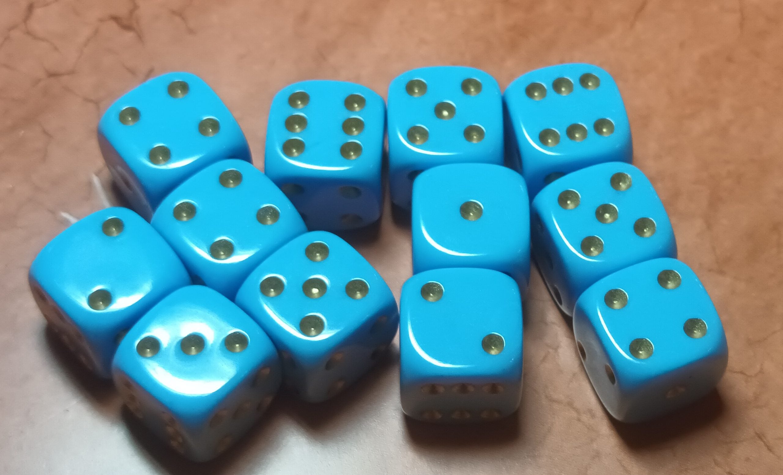 12 x 16mm D6 Powder Blue Opaque with Gold UK Made Dice