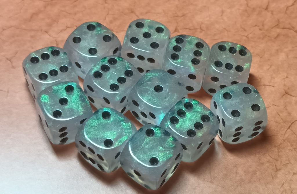 12 x 16mm D6 Clear Shimmer with Black UK Made Dice