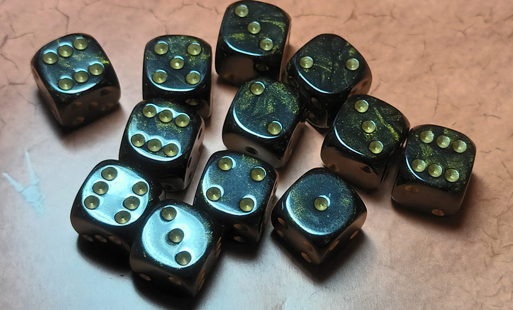 12 x 16mm D6 Clear Shimmer with Black UK Made Dice