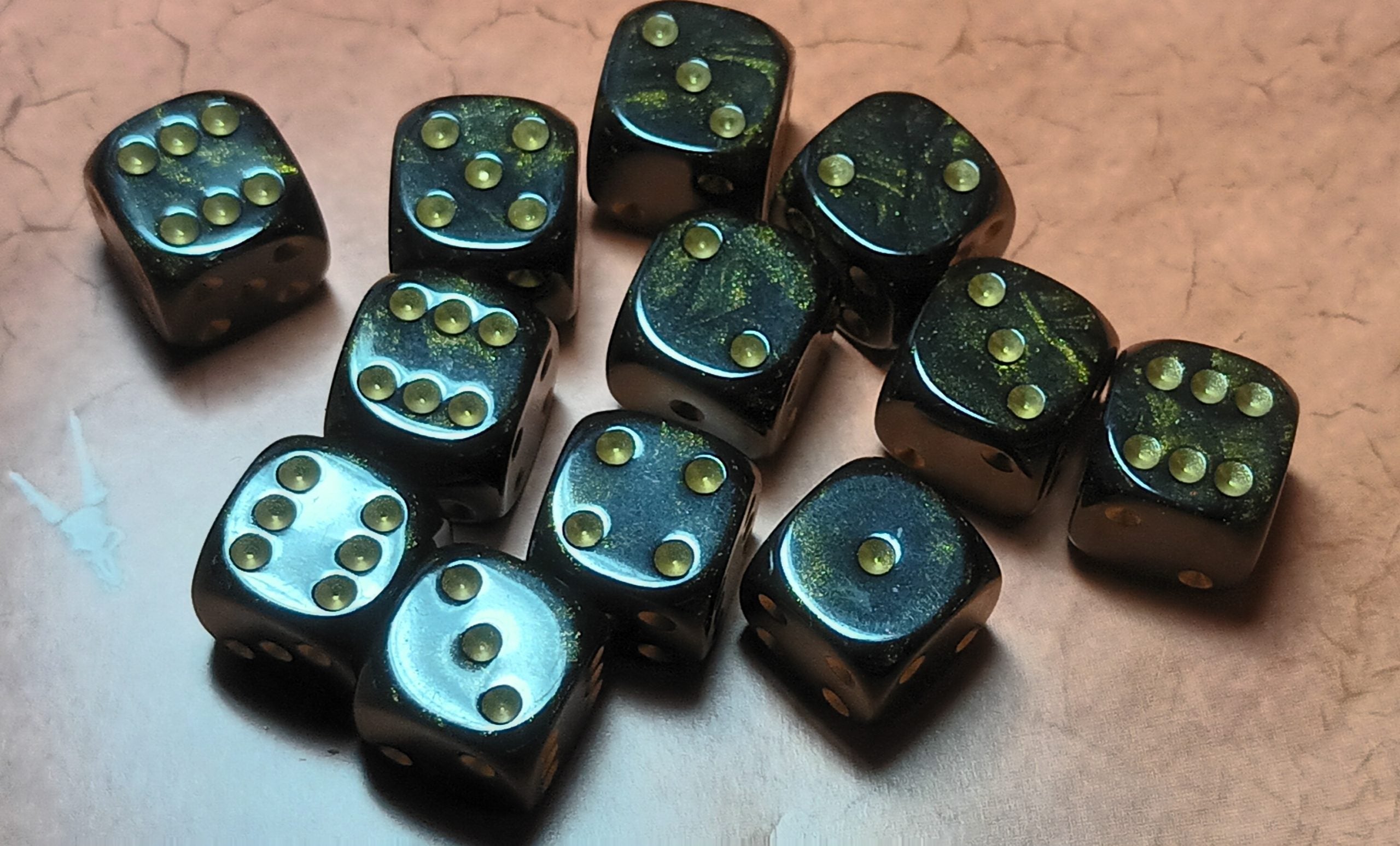 12 x 16mm D6 Black Gold Shimmer with Gold UK Made Dice