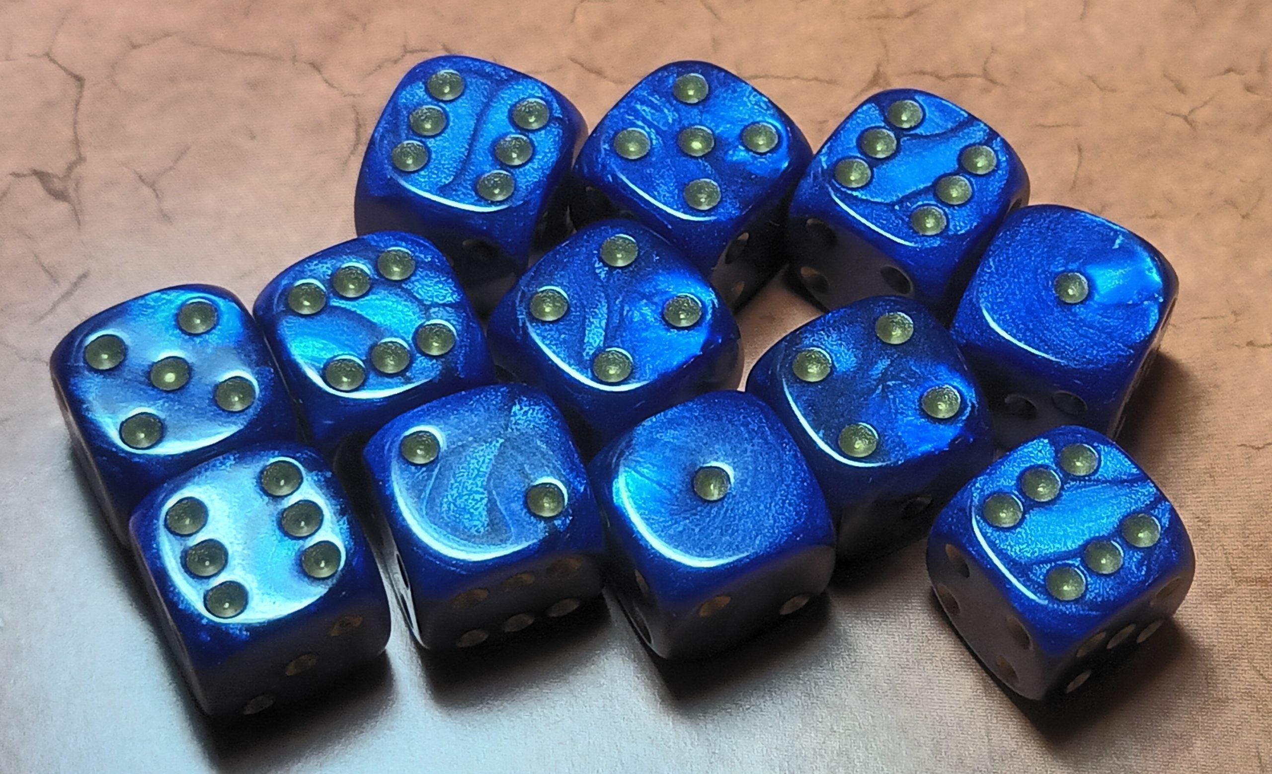 12 x 16mm D6 Blue Pearl with Gold UK Made Dice