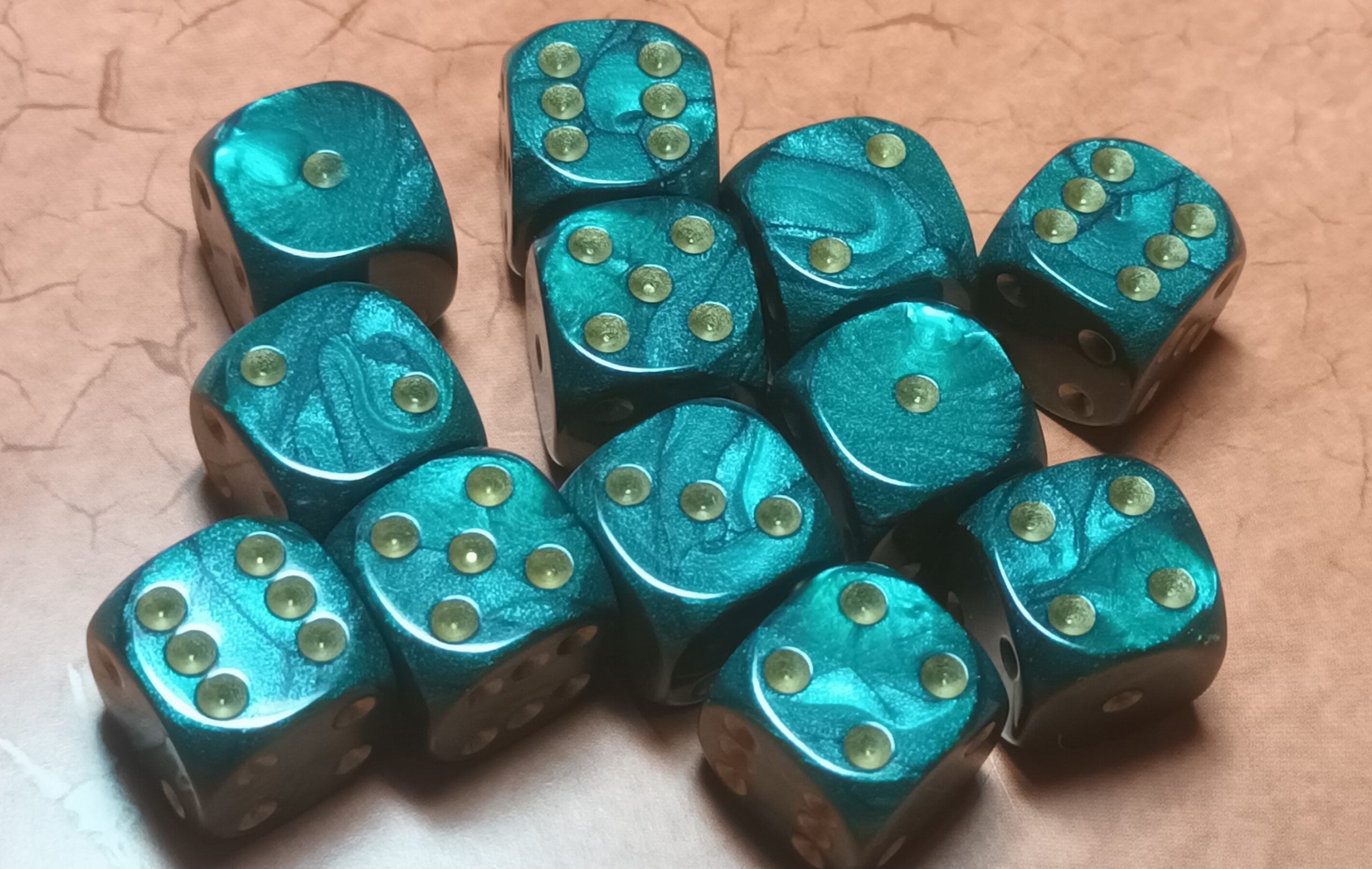 12 x 16mm D6 Bright Green Opaque with Red UK Made Dice