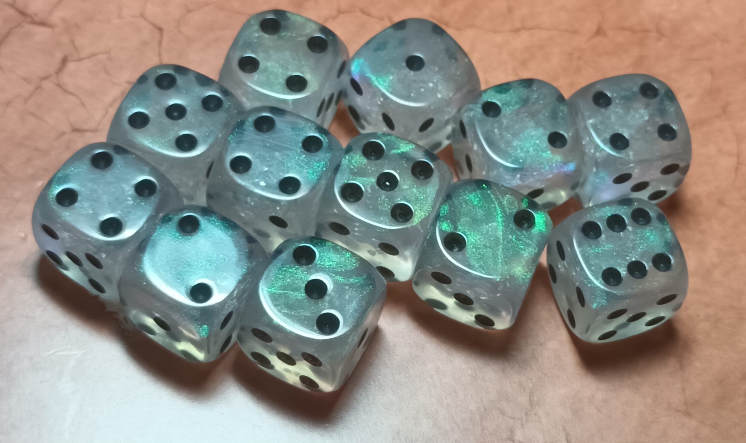 12 x 16mm D6 Clear Shimmer with Black UK Made Dice