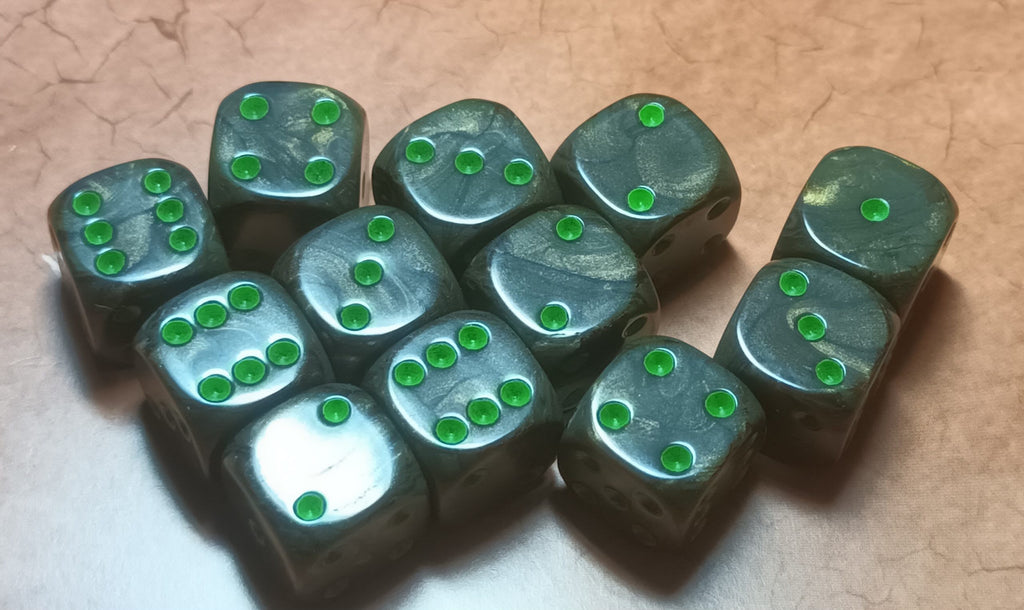 12 x 16mm D6 Black Green Shimmer with Silver UK Made Dice