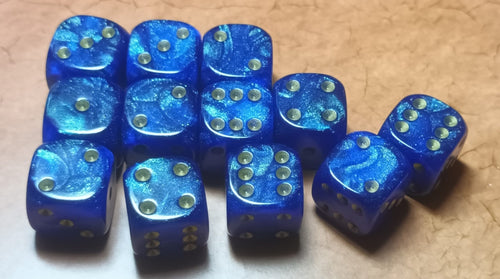 12 x 16mm D6 Blue Shimmer with Gold UK Made Dice