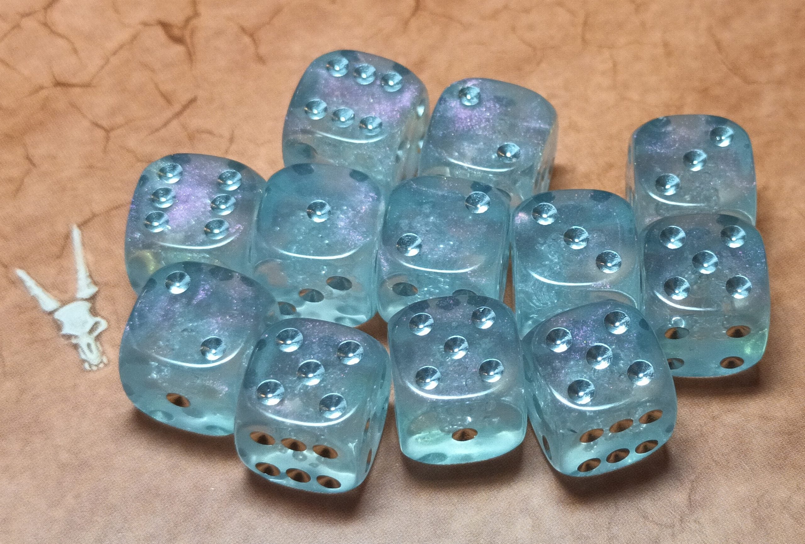 12 x 12mm D6 Clear Light Blue with Pink Shimmer with Silver UK Made Dice