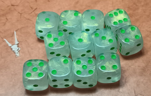 12 x 12mm D6 White with Gold Shimmer with Green UK Made Dice