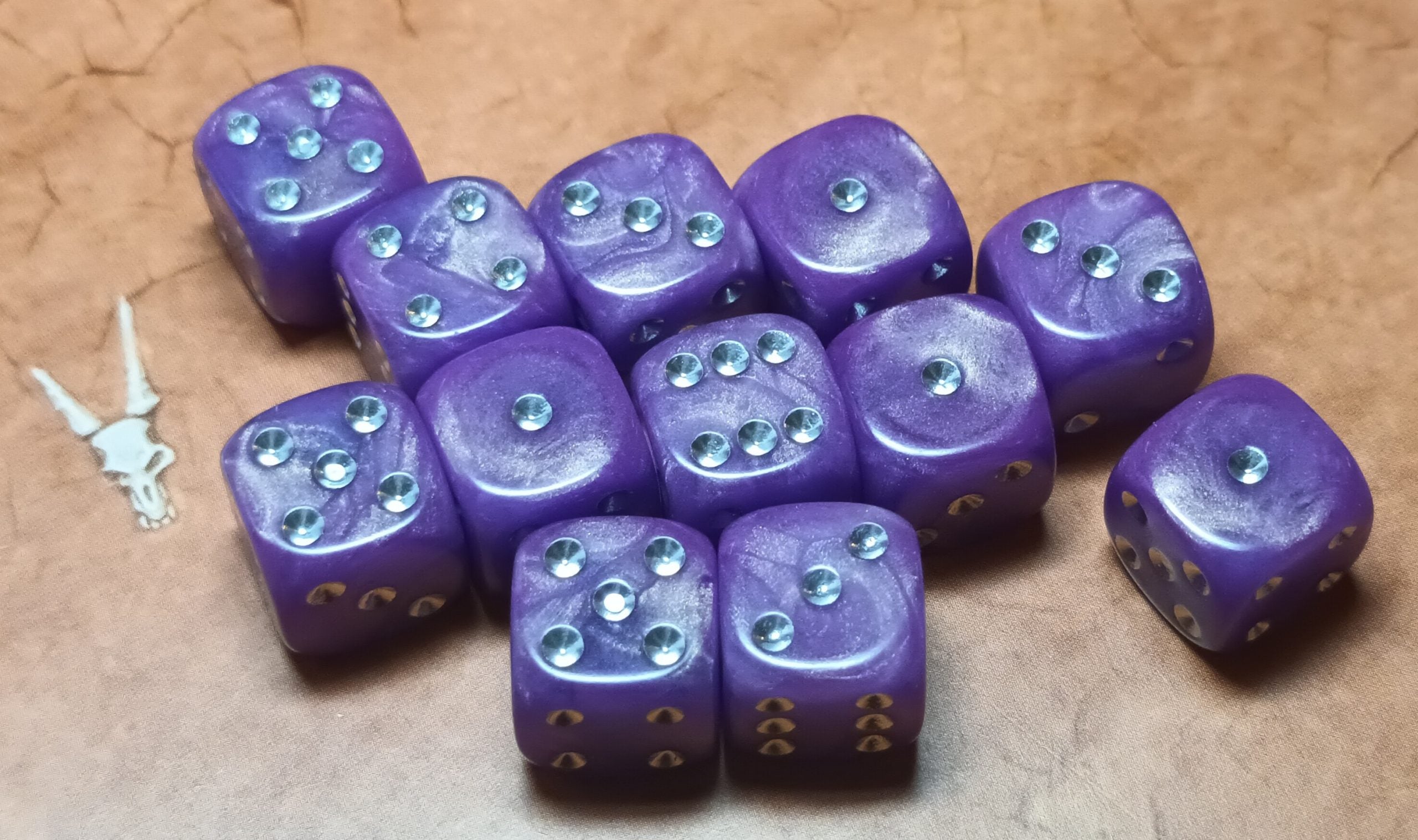 12 x 12mm D6 Purple with Gold Shimmer with Silver UK Made Dice