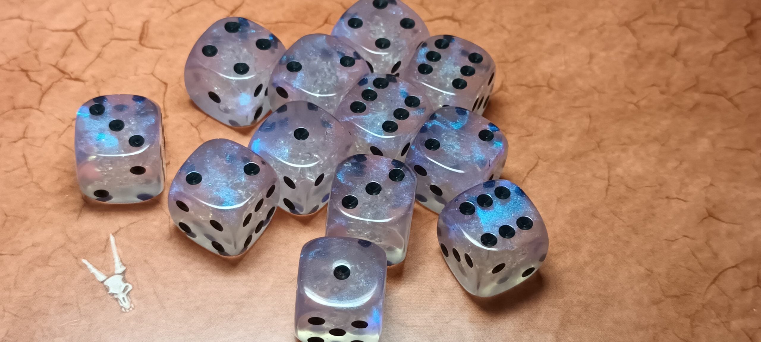 12 x 16mm D6 Clear Blue Shimmer with Black UK Made Dice
