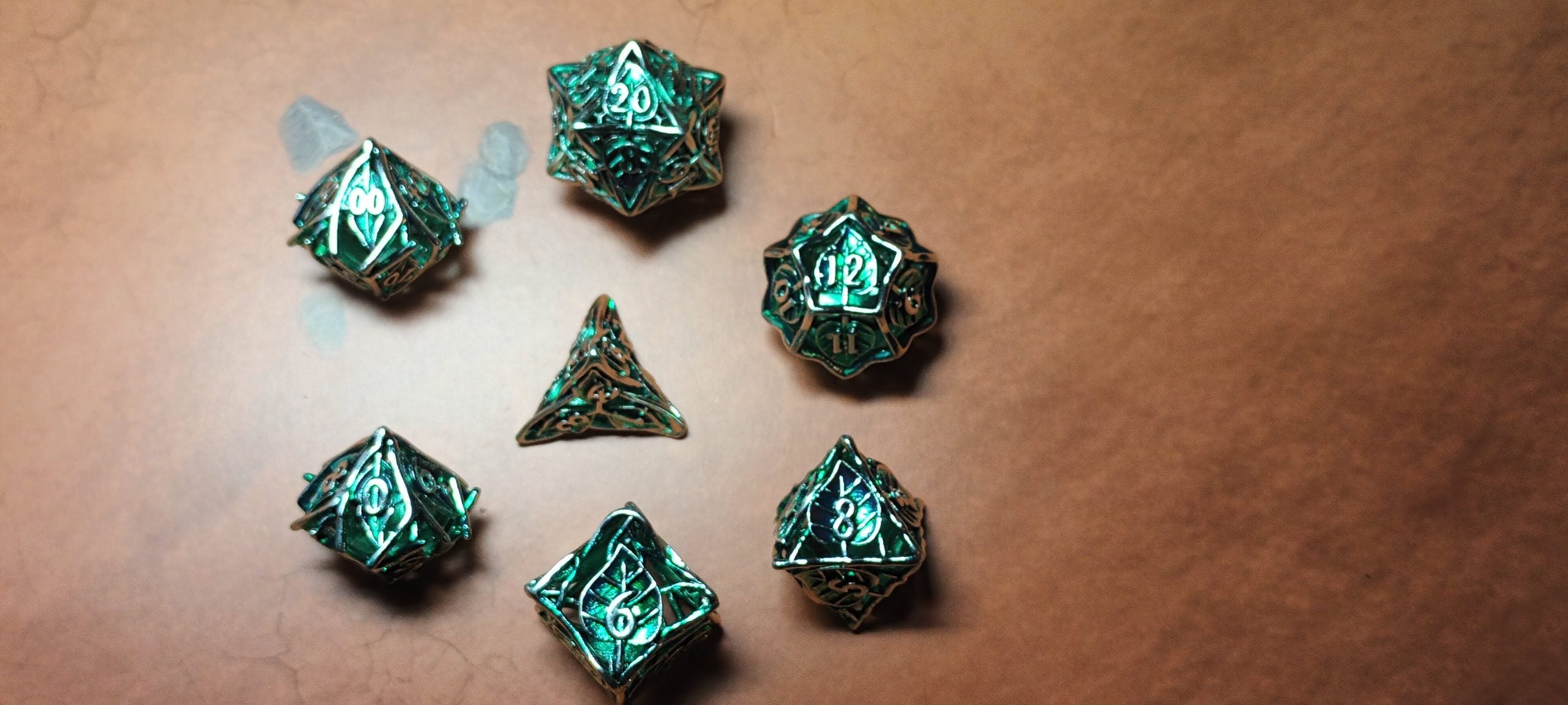 7 x Polyhedral Dice Hollow Metal Leaf Green with Silver Dice
