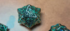 7 x Polyhedral Dice Hollow Metal Leaf Green with Silver Dice