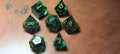 7 x Polyhedral Dice Resin Liquid Core Skull Green with Gold Dice