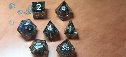 7 x Polyhedral Dice Resin Liquid Core Skull Grey with Silver Dice