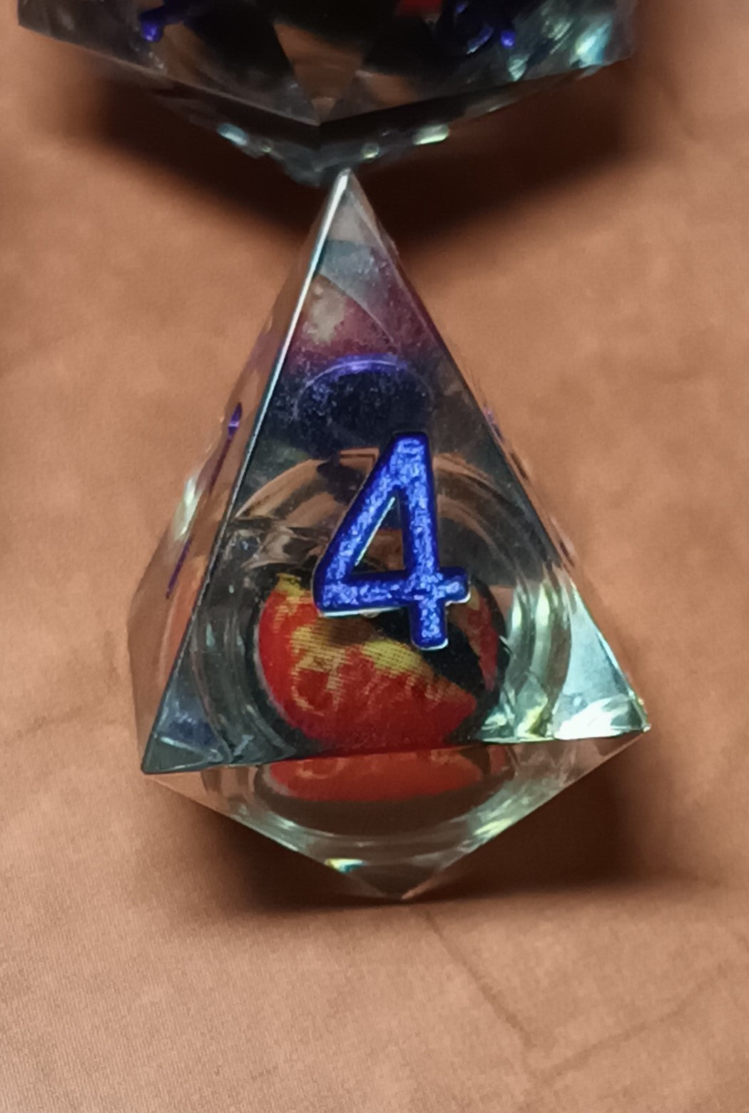 7 x Polyhedral Dice Resin Liquid Core Orange Dragon Eye Clear with Blue Dice