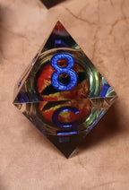 7 x Polyhedral Dice Resin Liquid Core Orange Dragon Eye Clear with Blue Dice
