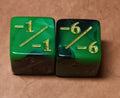 Magic The Gathering Token D6 x 2 -1/-1 Green Black with Gold Dice