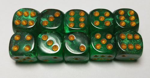 10 x 16mm D6 Green Black with Gold Dice