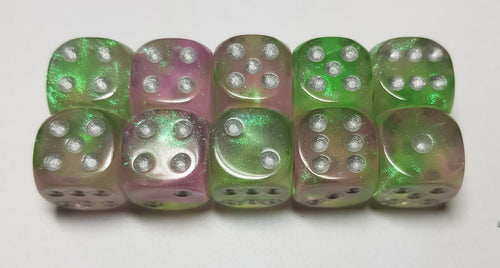 10 x 16mm D6 Green Pink with Silver Dice