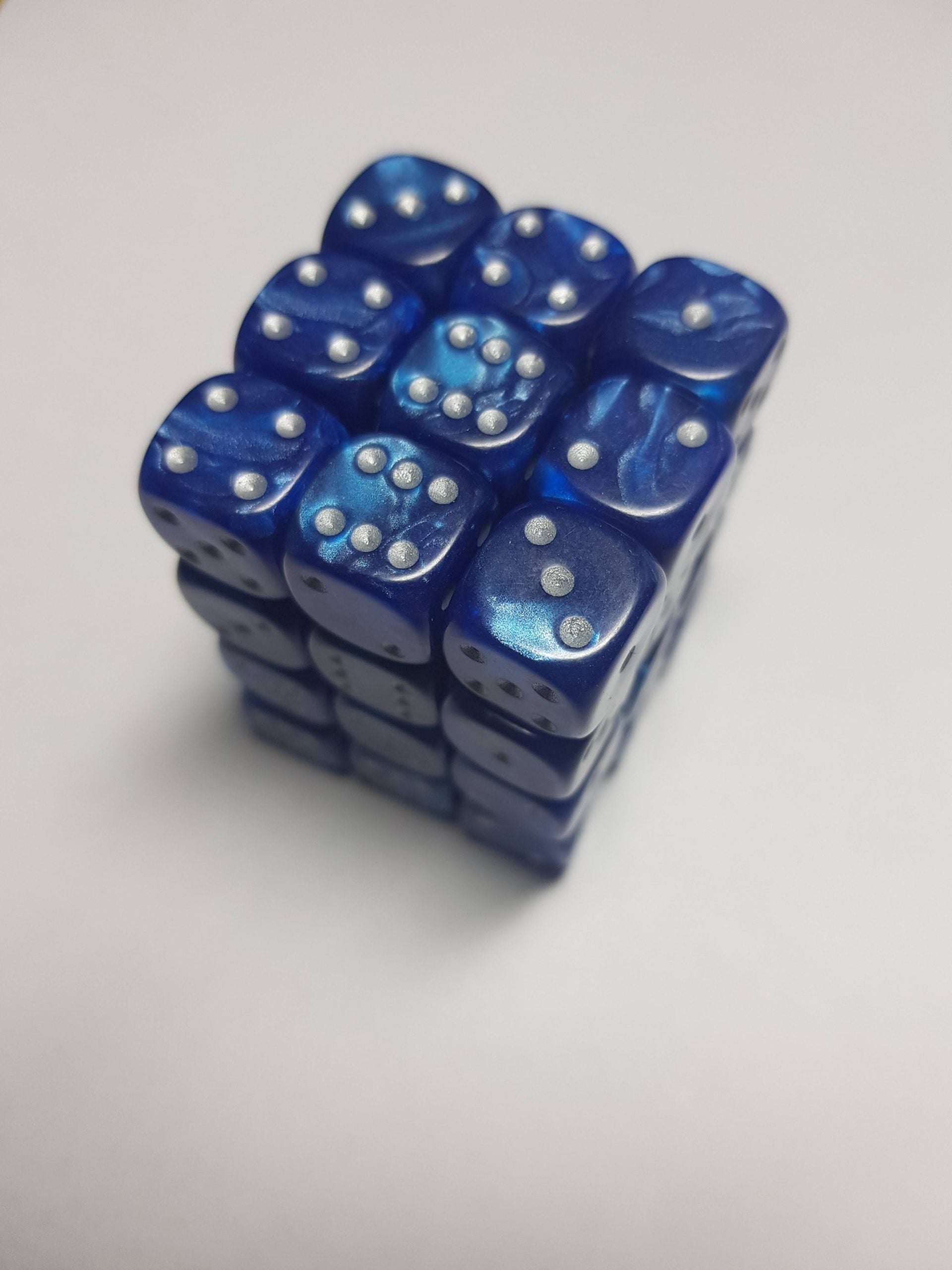 36 x 12mm D6 Pearl Blue with Silver Dice