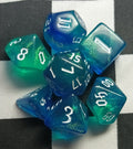 7 x Polyhedral Dice Chaos Glitter Blue Green with White