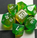 7 x Polyhedral Dice Chaos Glitter Green Yellow with White