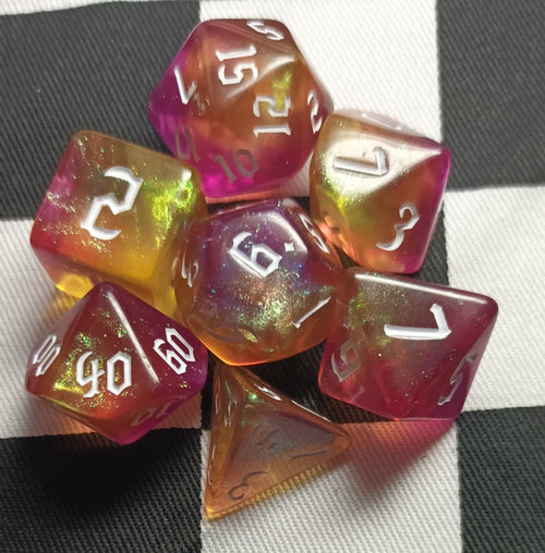 7 x Polyhedral Dice Chaos Glitter Yellow Purple with White