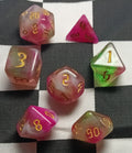 7 x Polyhedral Dice Chaos Mist Pink White Green with Gold