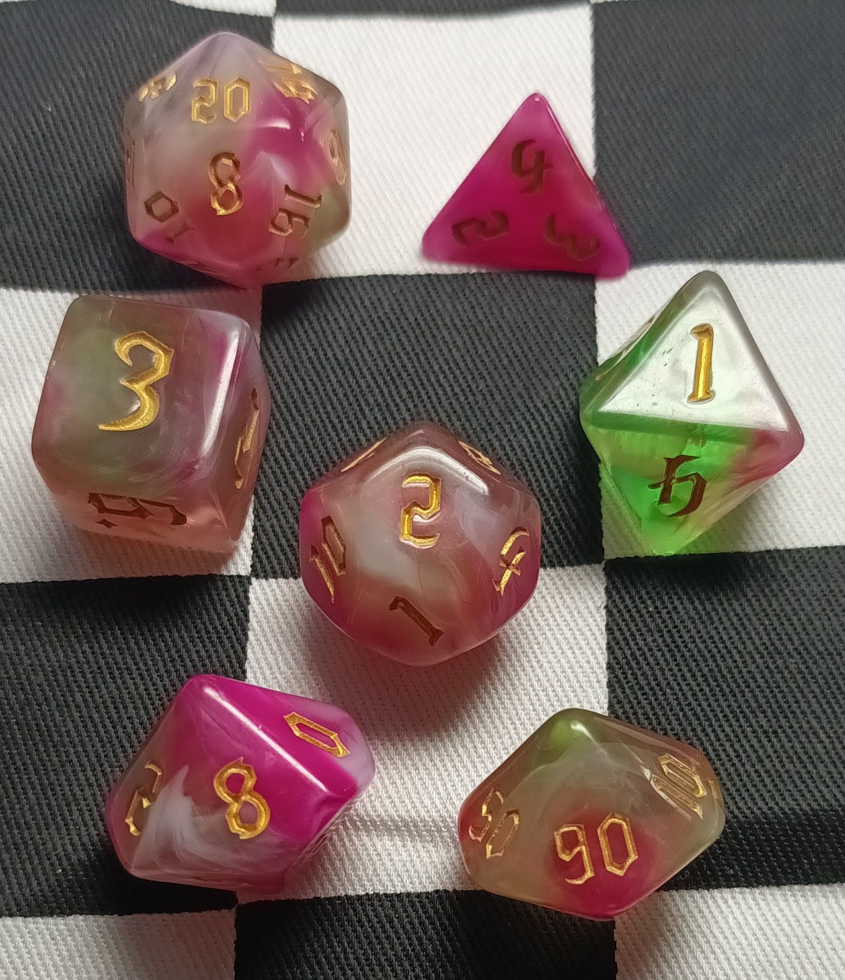 7 x Polyhedral Dice Chaos Mist Pink White Green with Gold