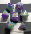 7 x Polyhedral Dice Chaos Mist Purple White Green with Gold
