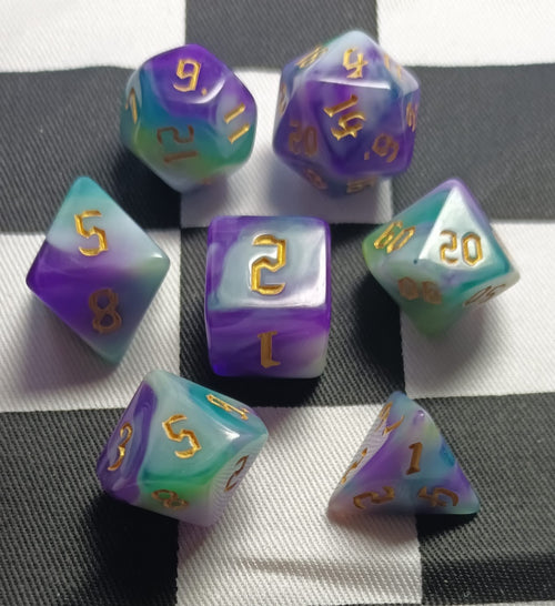 7 x Polyhedral Dice Chaos Mist Purple White Green with Gold