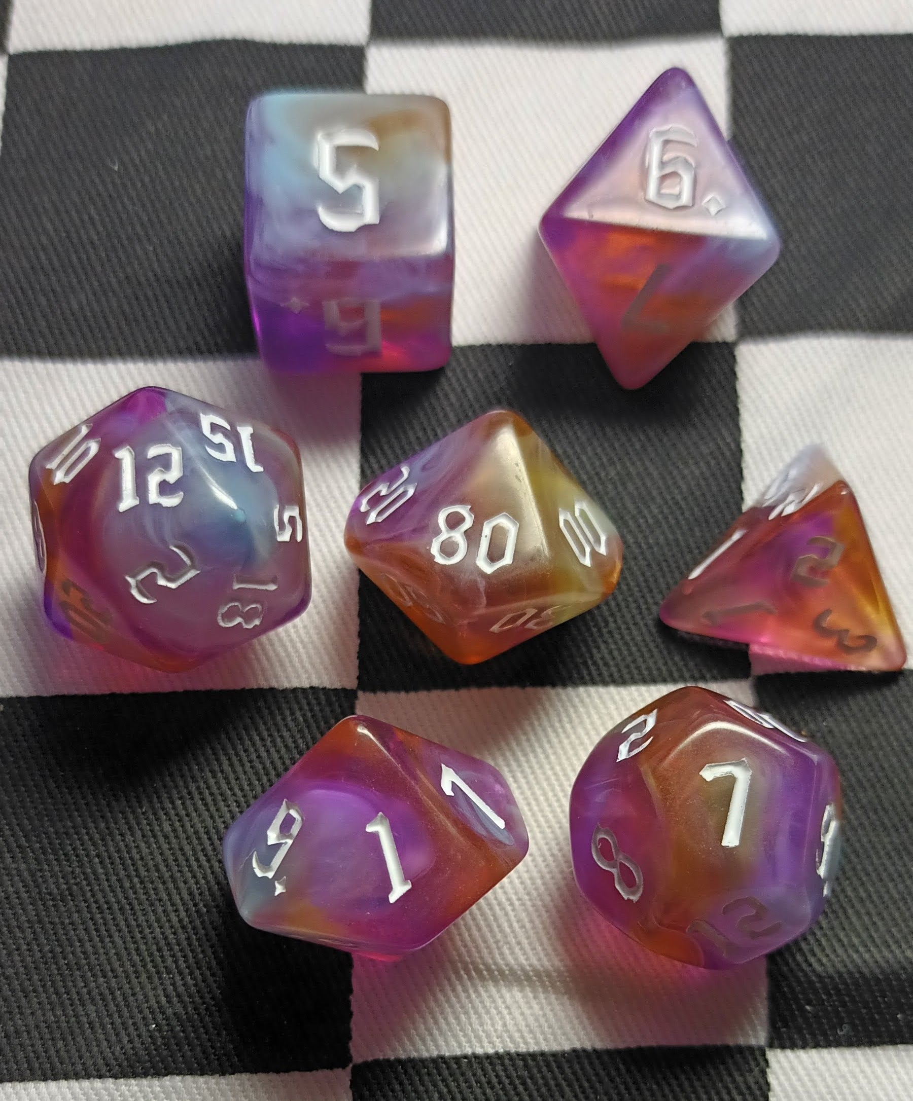 7 x Polyhedral Dice Chaos Mist Purple White Orange with White