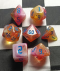 7 x Polyhedral Dice Chaos Mist Pink White Yellow with Blue
