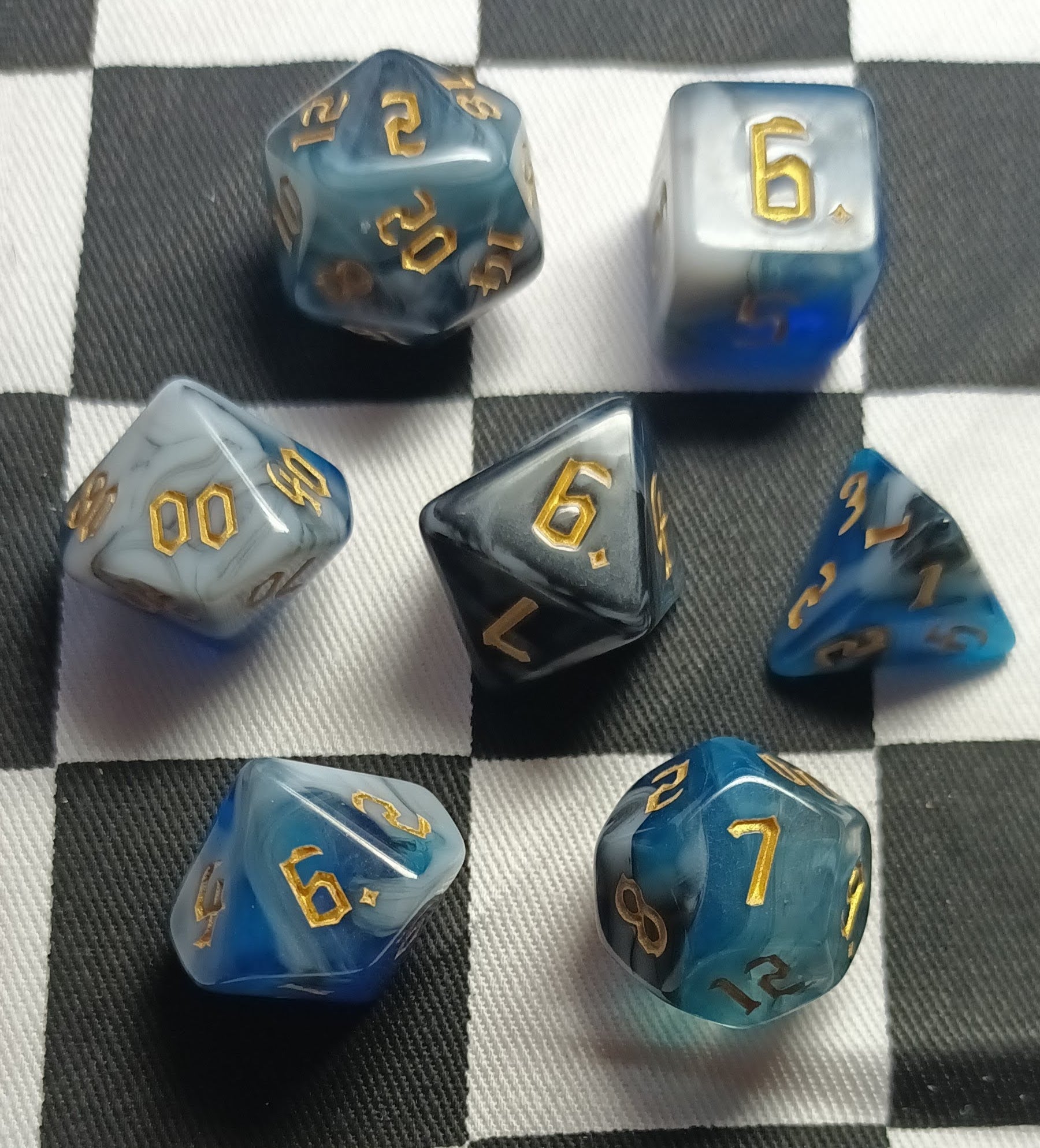 7 x Polyhedral Dice Chaos Mist Blue Black White with Gold