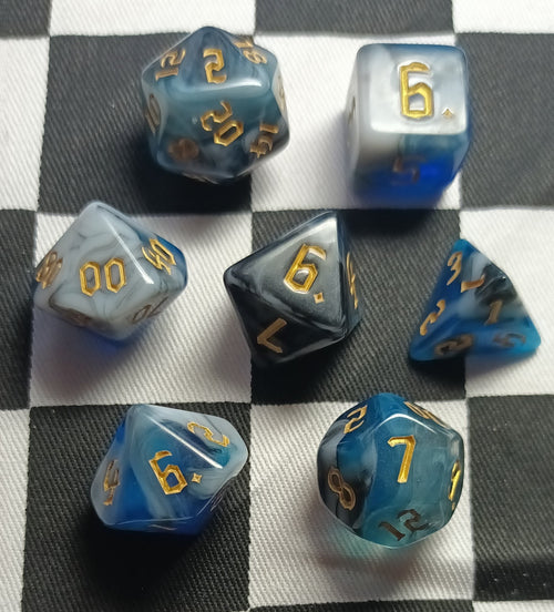 7 x Polyhedral Dice Chaos Mist Blue Black White with Gold