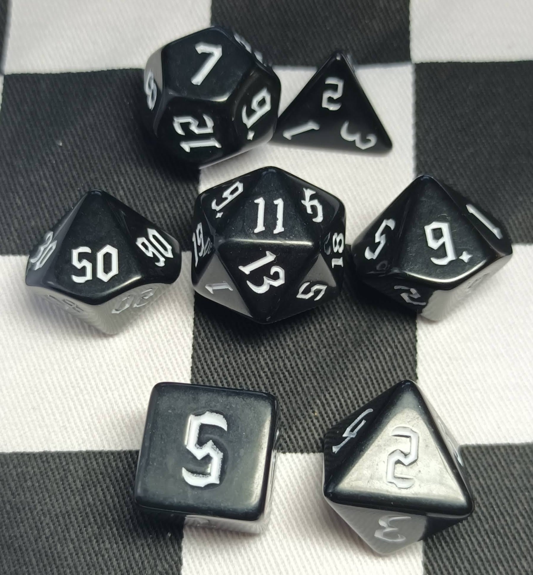 7 x Polyhedral Dice Chaos Opaque Black with White