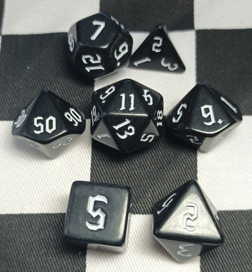 7 x Polyhedral Dice Chaos Opaque Black with White
