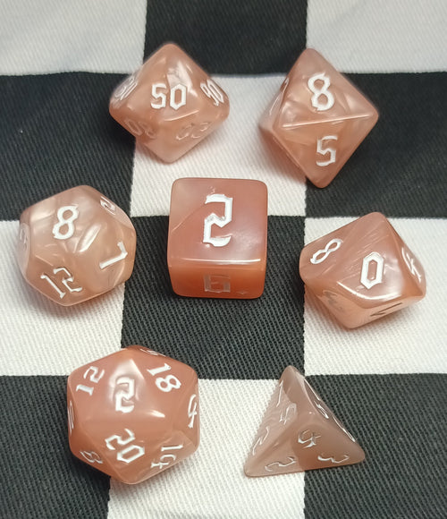 7 x Polyhedral Dice Chaos Pearl Light Pink with White